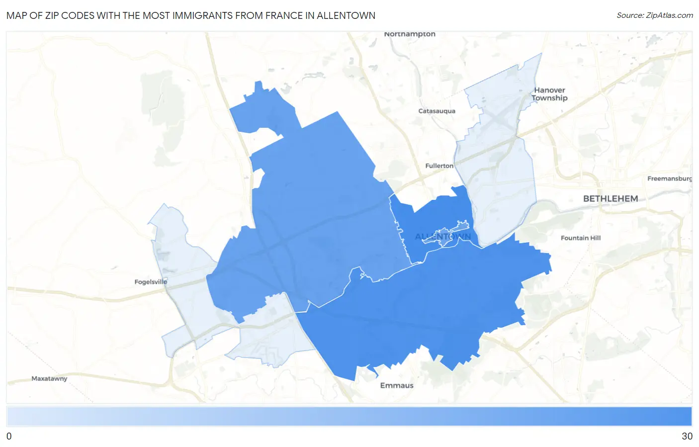Zip Codes with the Most Immigrants from France in Allentown Map