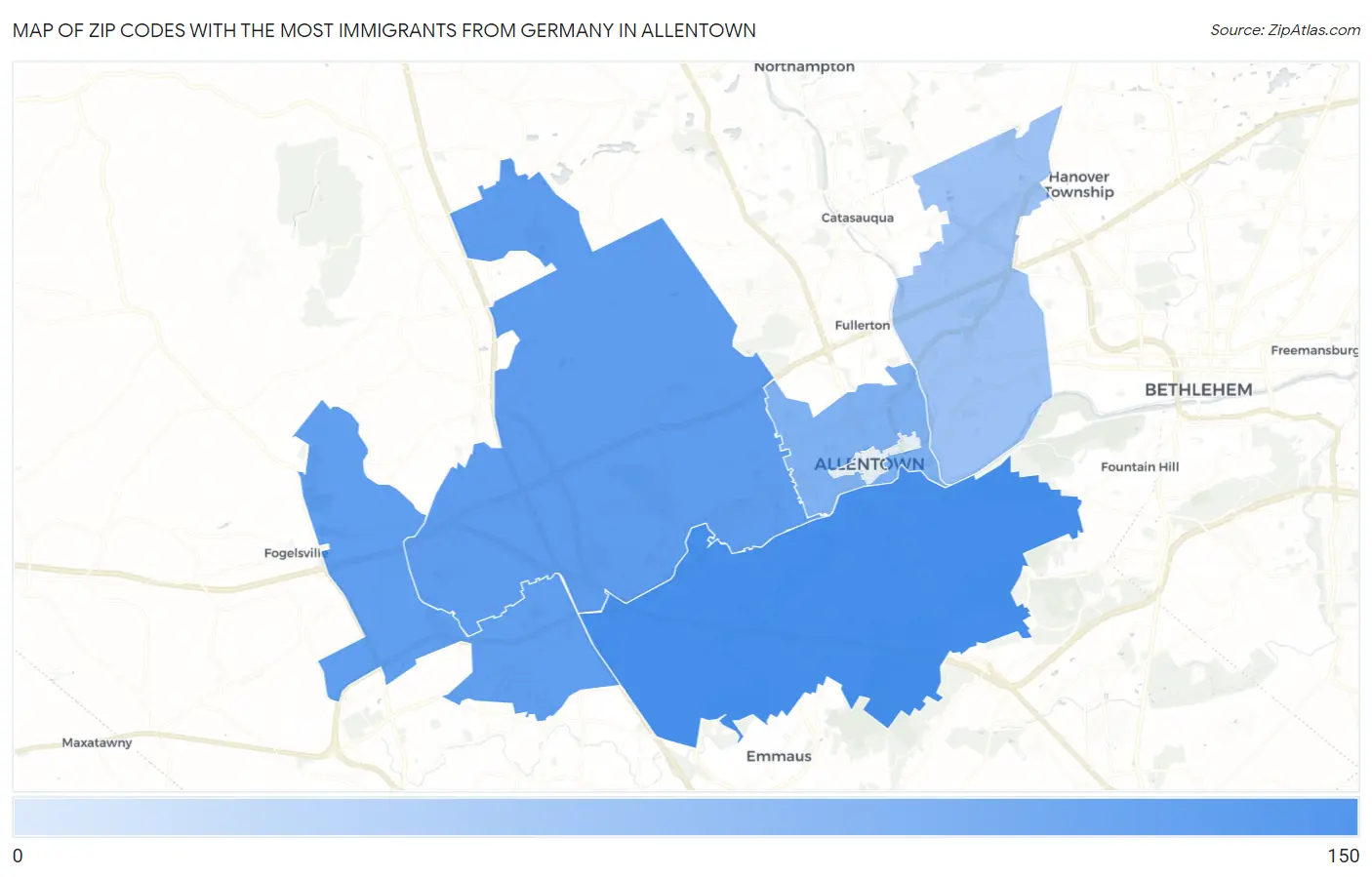 Zip Codes with the Most Immigrants from Germany in Allentown Map