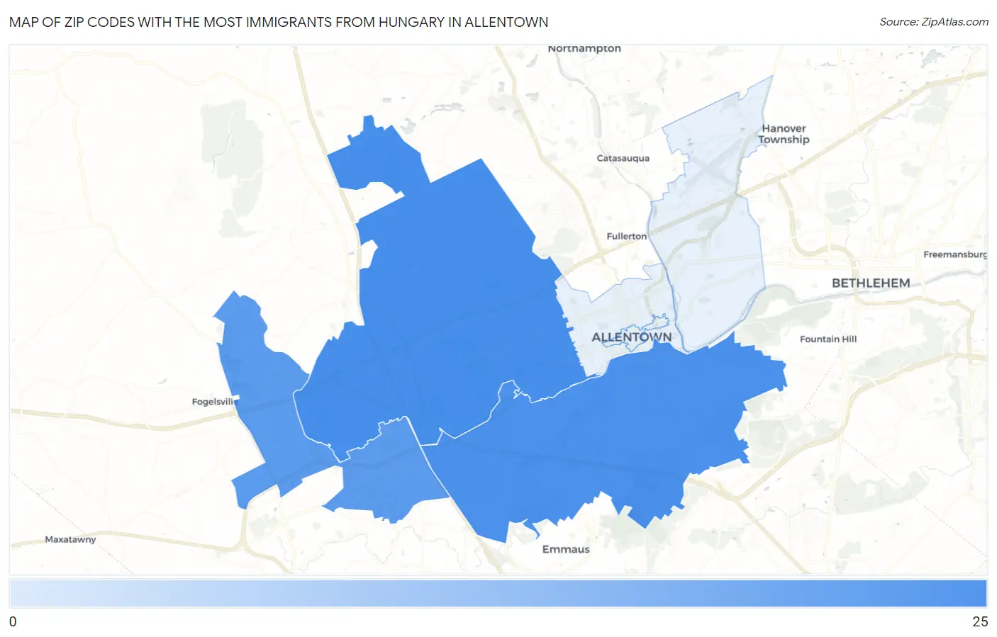 Zip Codes with the Most Immigrants from Hungary in Allentown Map
