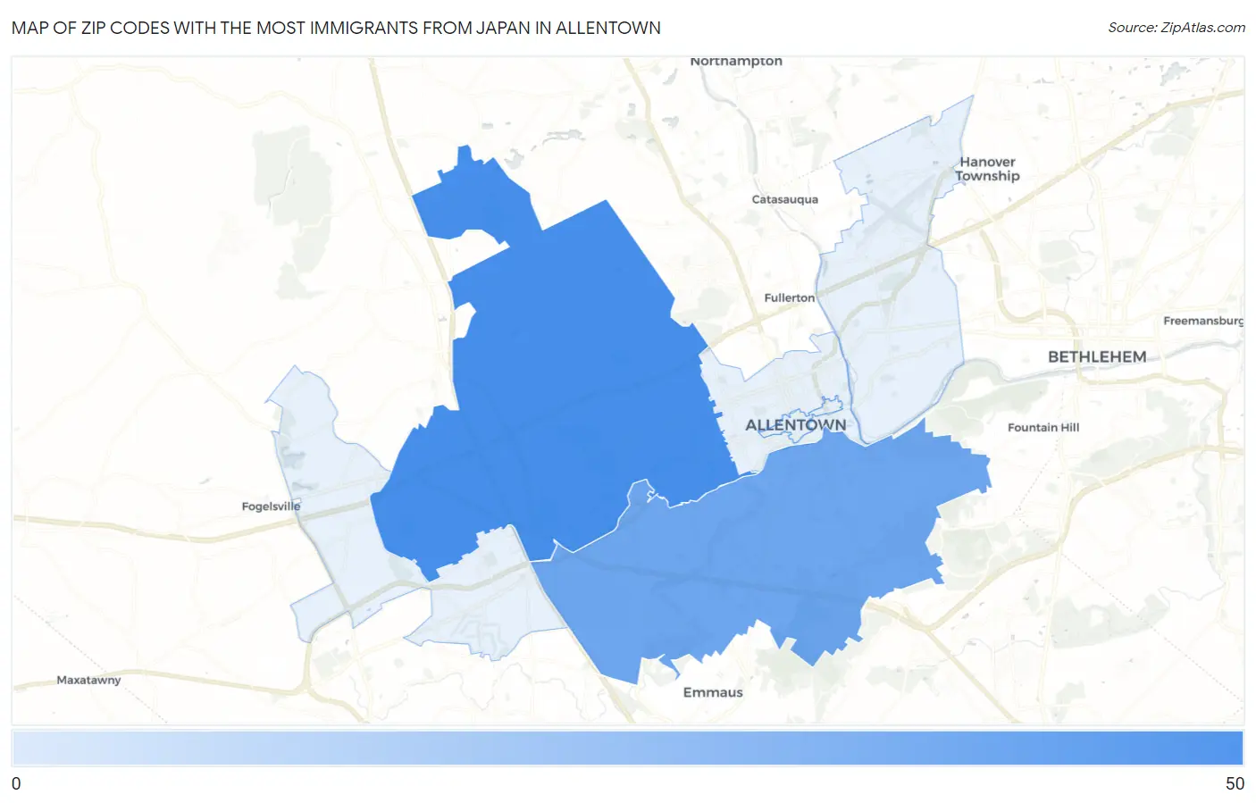 Zip Codes with the Most Immigrants from Japan in Allentown Map
