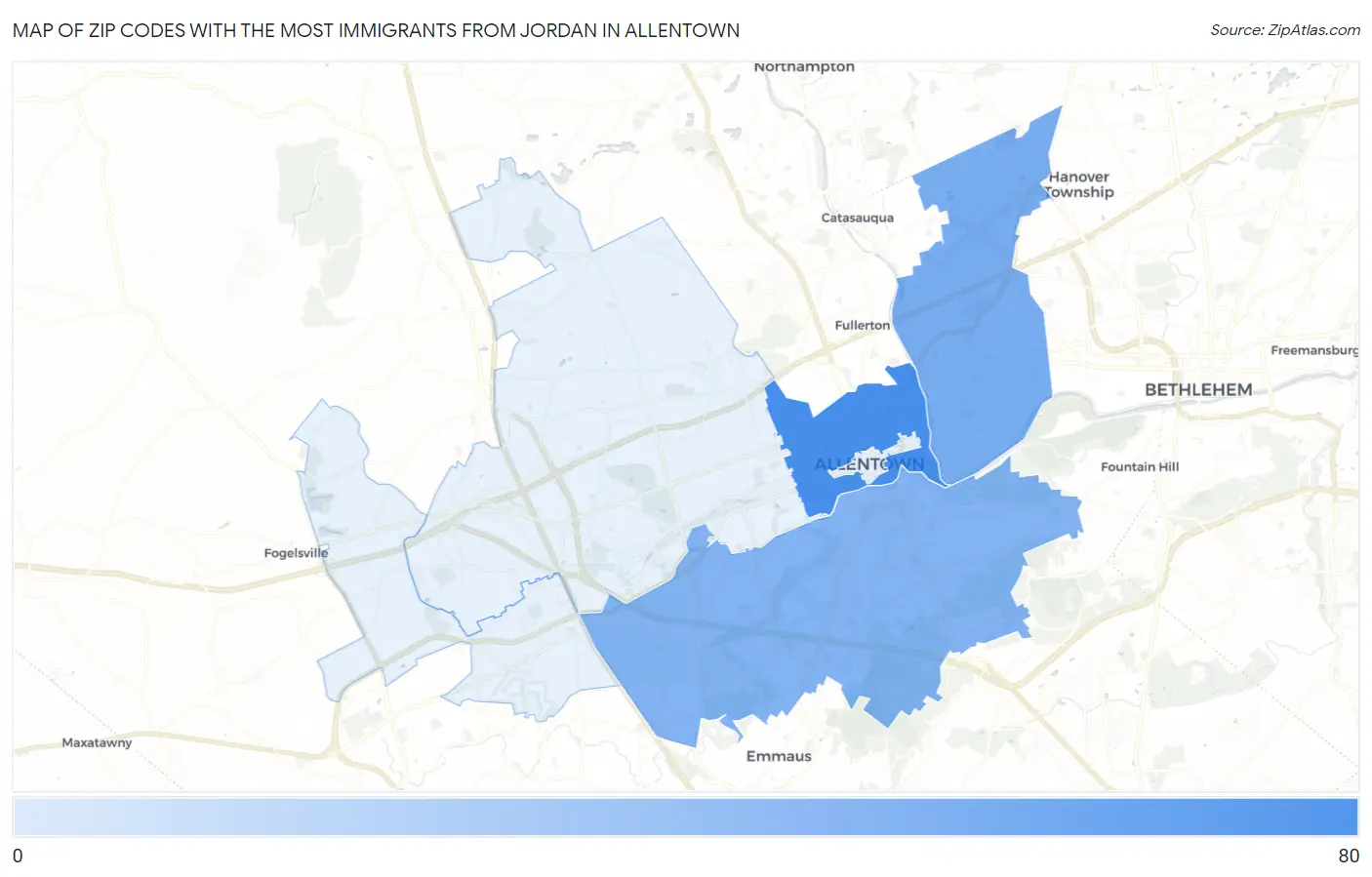 Zip Codes with the Most Immigrants from Jordan in Allentown Map
