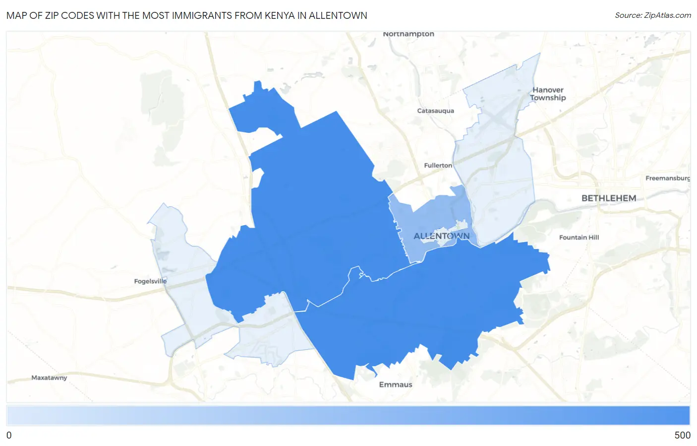 Zip Codes with the Most Immigrants from Kenya in Allentown Map