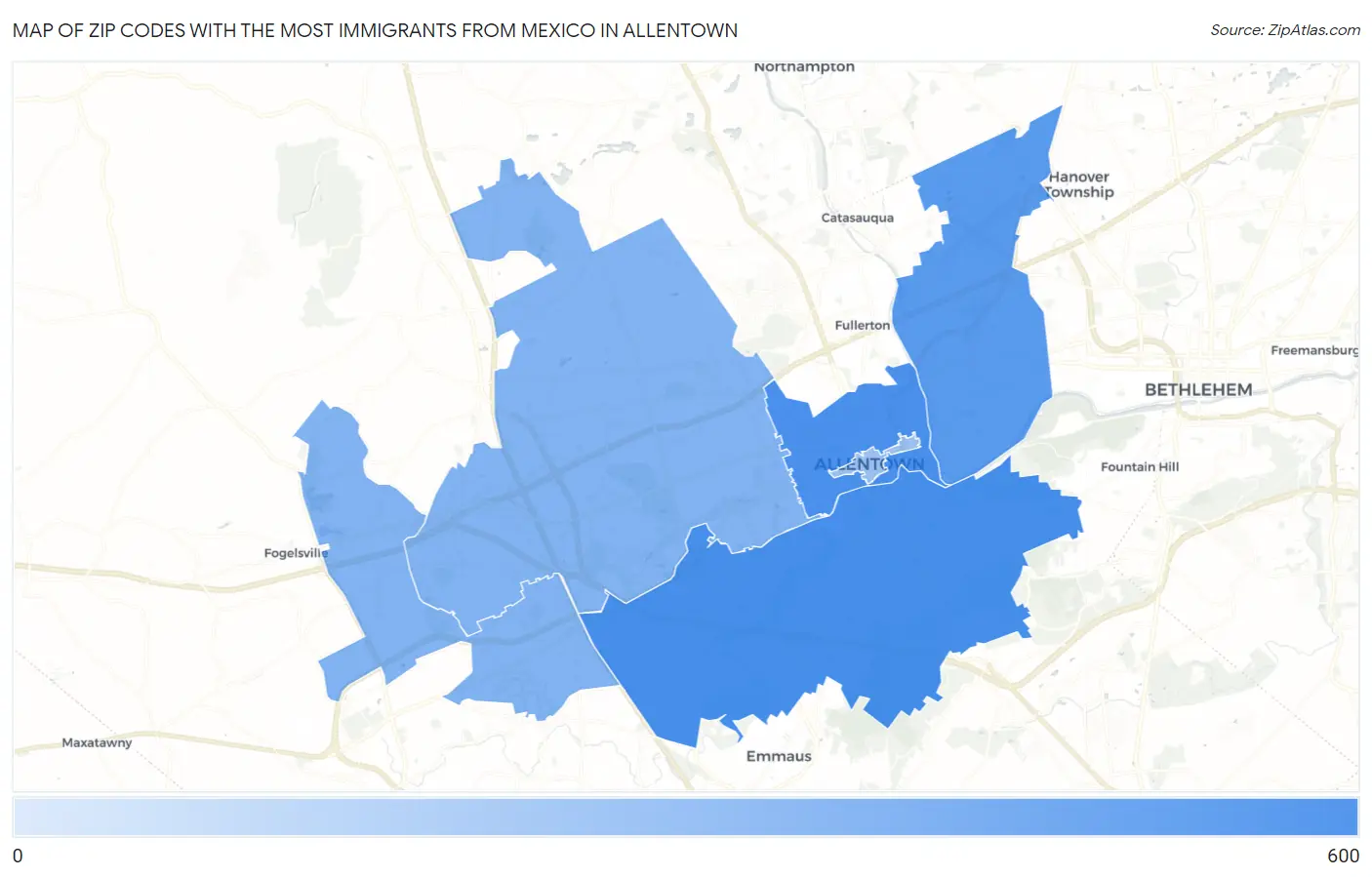 Zip Codes with the Most Immigrants from Mexico in Allentown Map