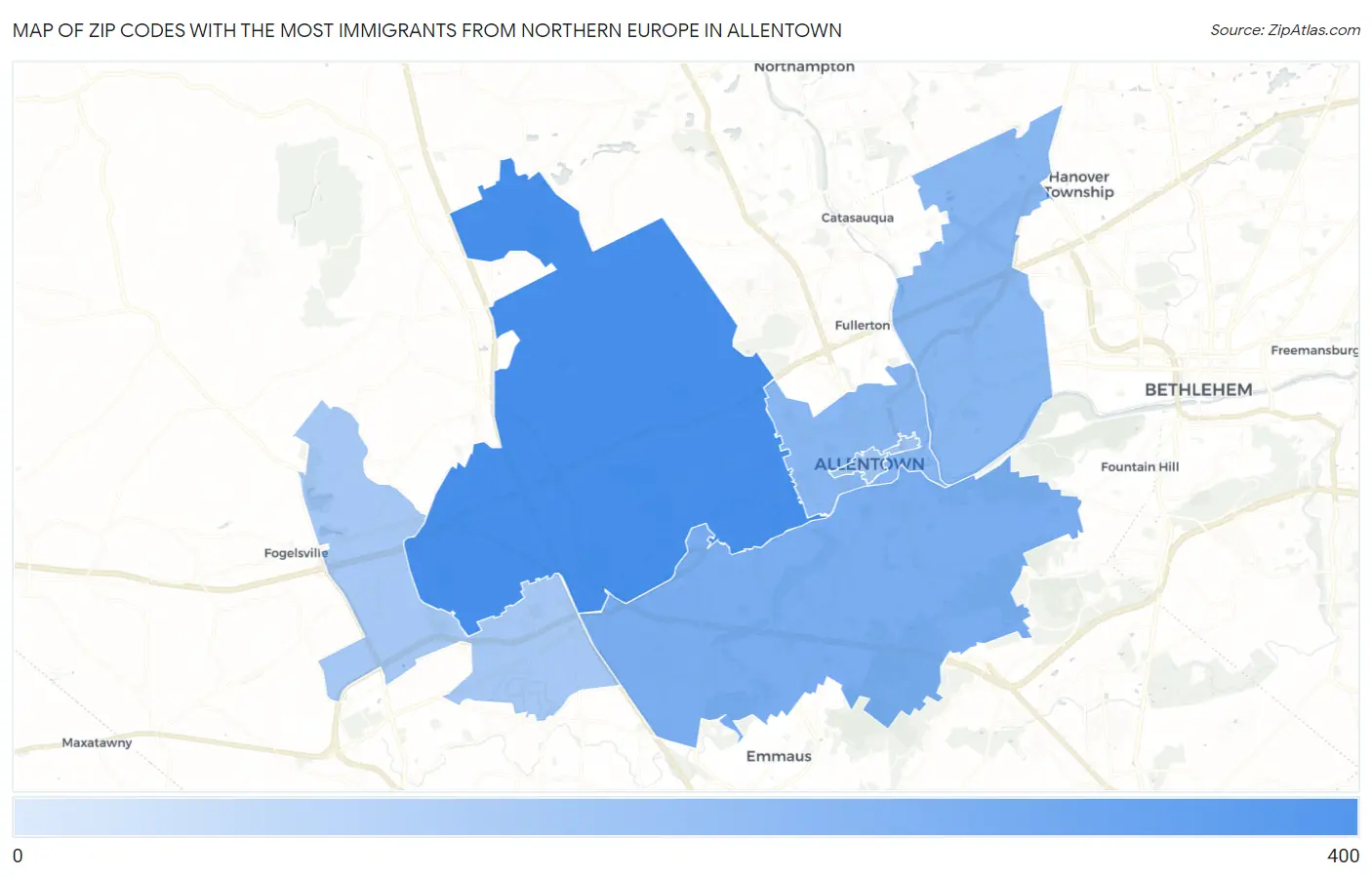 Zip Codes with the Most Immigrants from Northern Europe in Allentown Map