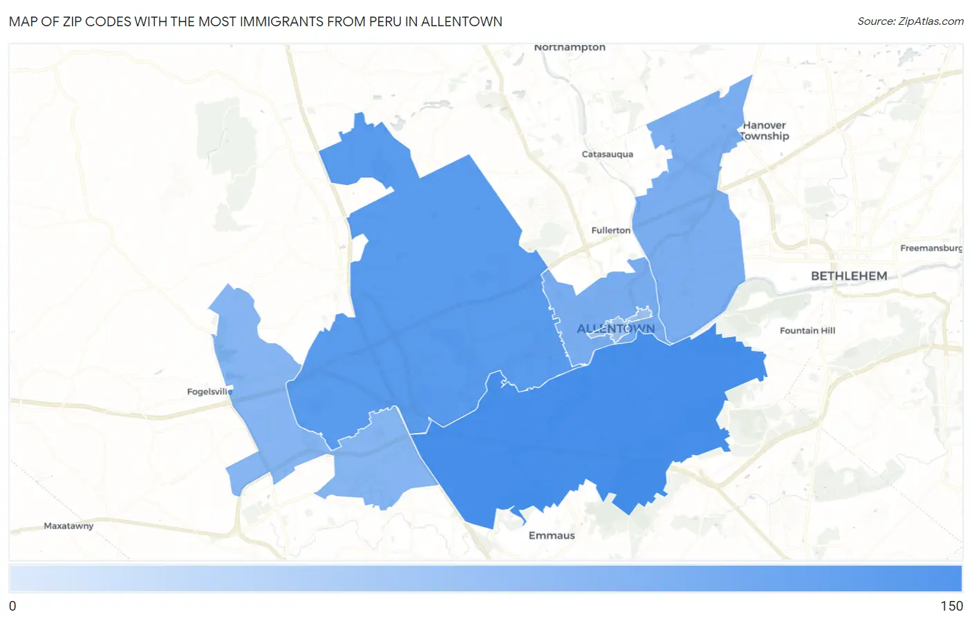 Zip Codes with the Most Immigrants from Peru in Allentown Map