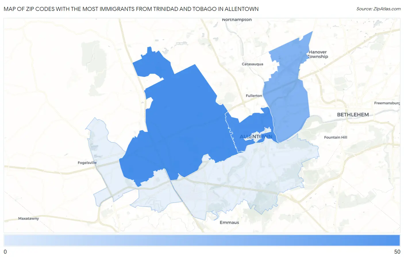 Zip Codes with the Most Immigrants from Trinidad and Tobago in Allentown Map