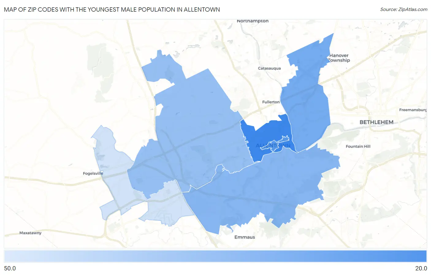 Zip Codes with the Youngest Male Population in Allentown Map