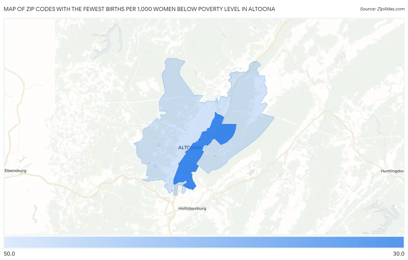Zip Codes with the Fewest Births per 1,000 Women Below Poverty Level in Altoona Map