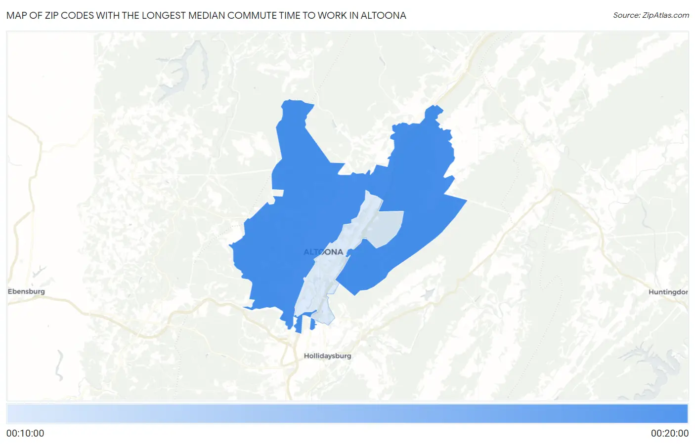 Zip Codes with the Longest Median Commute Time to Work in Altoona Map