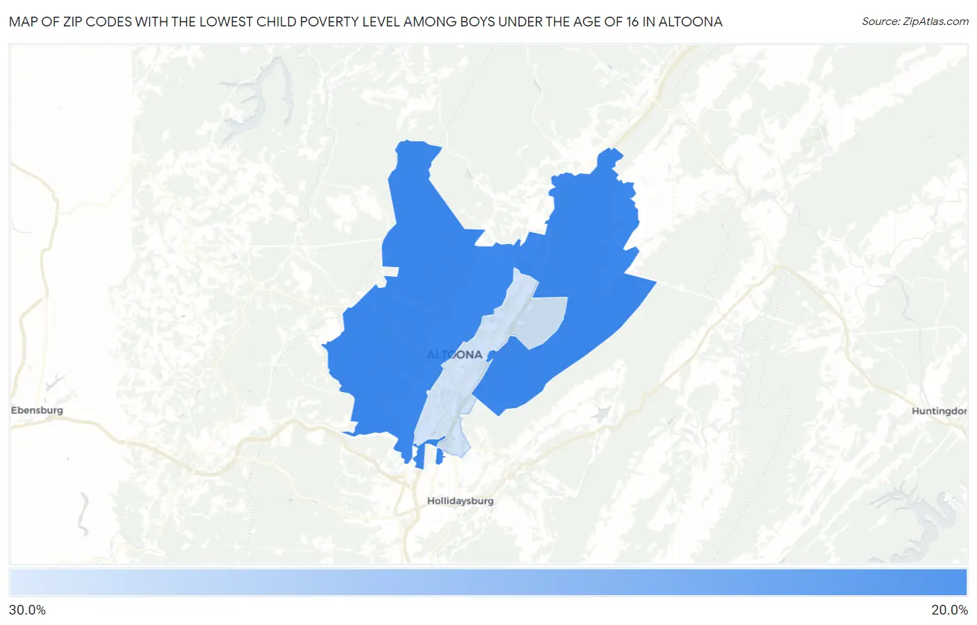Zip Codes with the Lowest Child Poverty Level Among Boys Under the Age of 16 in Altoona Map