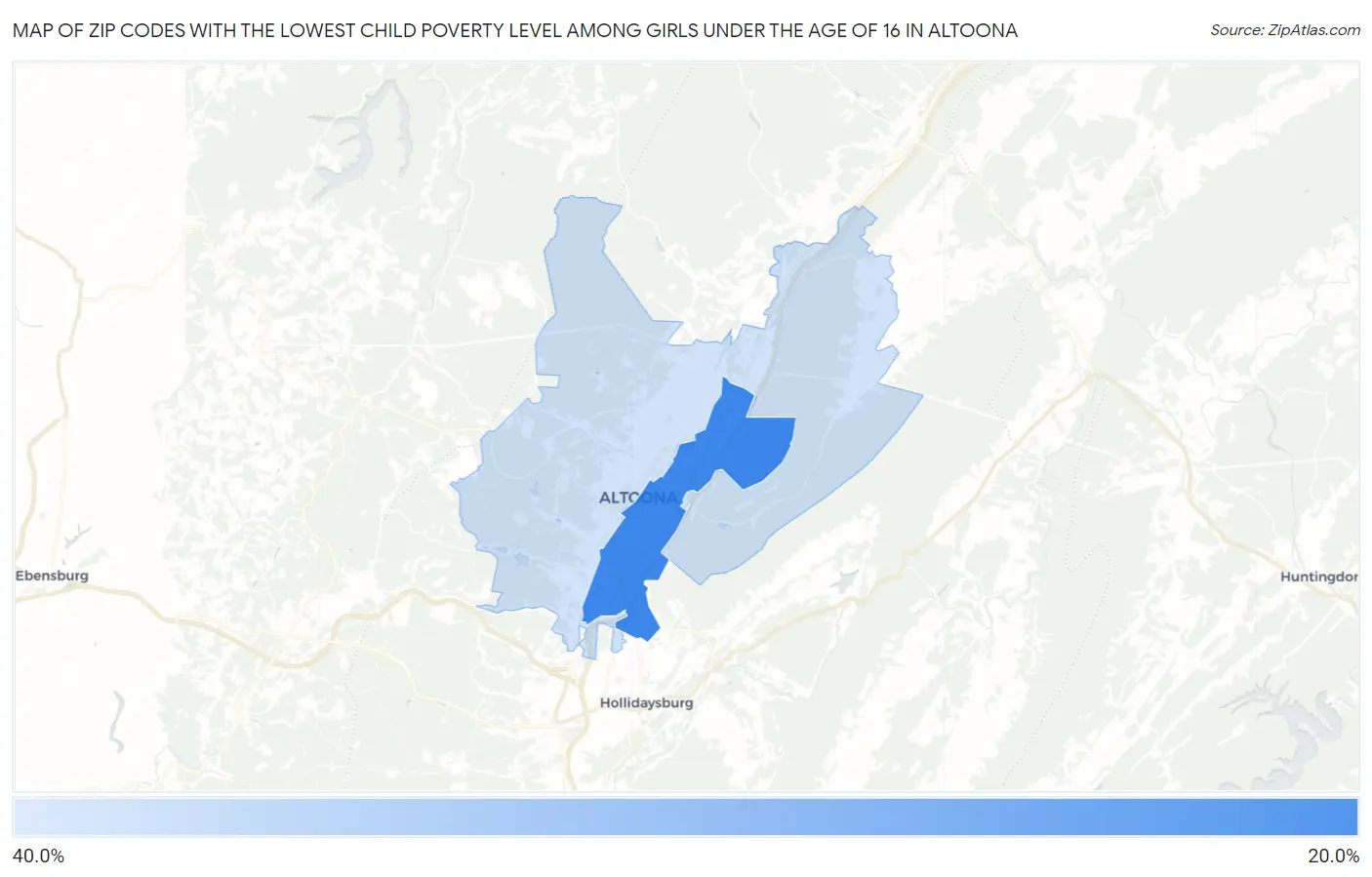 Zip Codes with the Lowest Child Poverty Level Among Girls Under the Age of 16 in Altoona Map