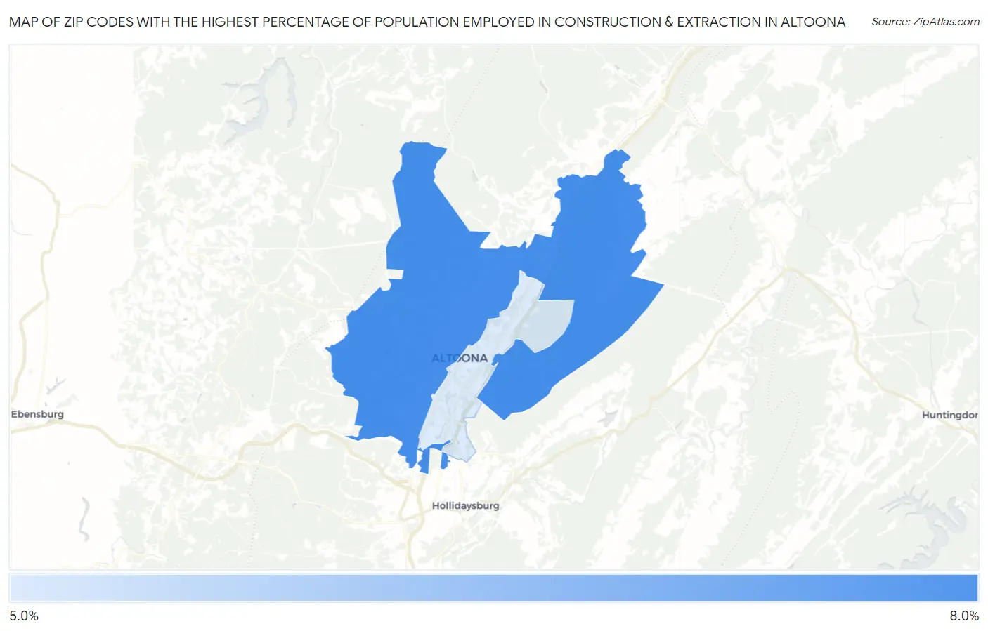 Zip Codes with the Highest Percentage of Population Employed in Construction & Extraction in Altoona Map