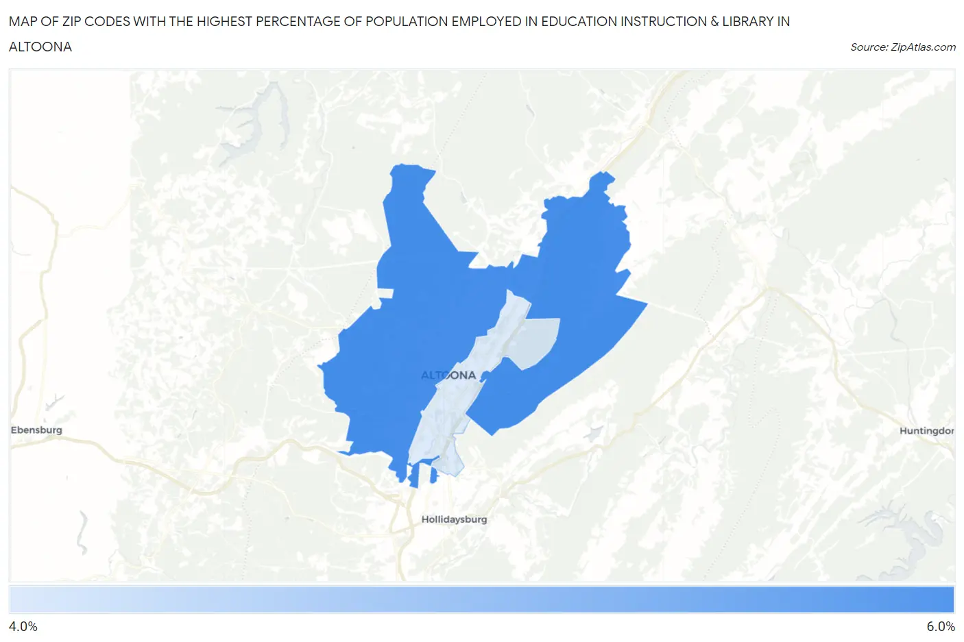 Zip Codes with the Highest Percentage of Population Employed in Education Instruction & Library in Altoona Map