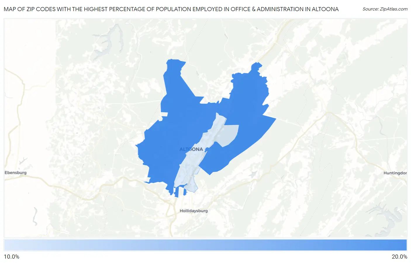 Zip Codes with the Highest Percentage of Population Employed in Office & Administration in Altoona Map