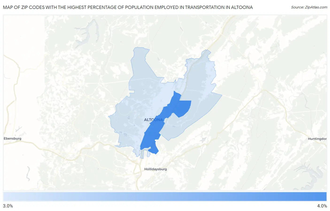 Zip Codes with the Highest Percentage of Population Employed in Transportation in Altoona Map