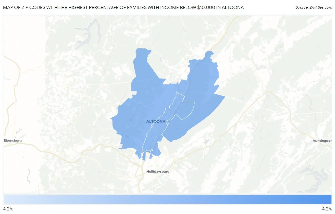 Zip Codes with the Highest Percentage of Families with Income Below $10,000 in Altoona Map