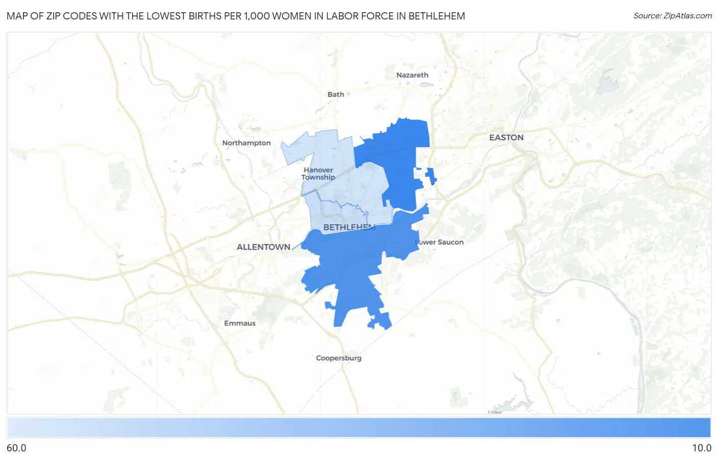 Zip Codes with the Lowest Births per 1,000 Women in Labor Force in Bethlehem Map