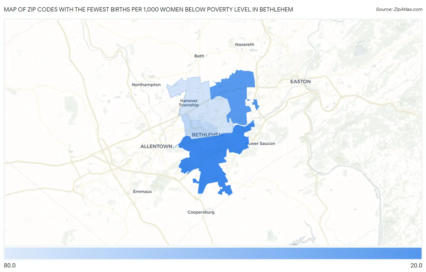 Zip Codes with the Fewest Births per 1,000 Women Below Poverty Level in Bethlehem Map