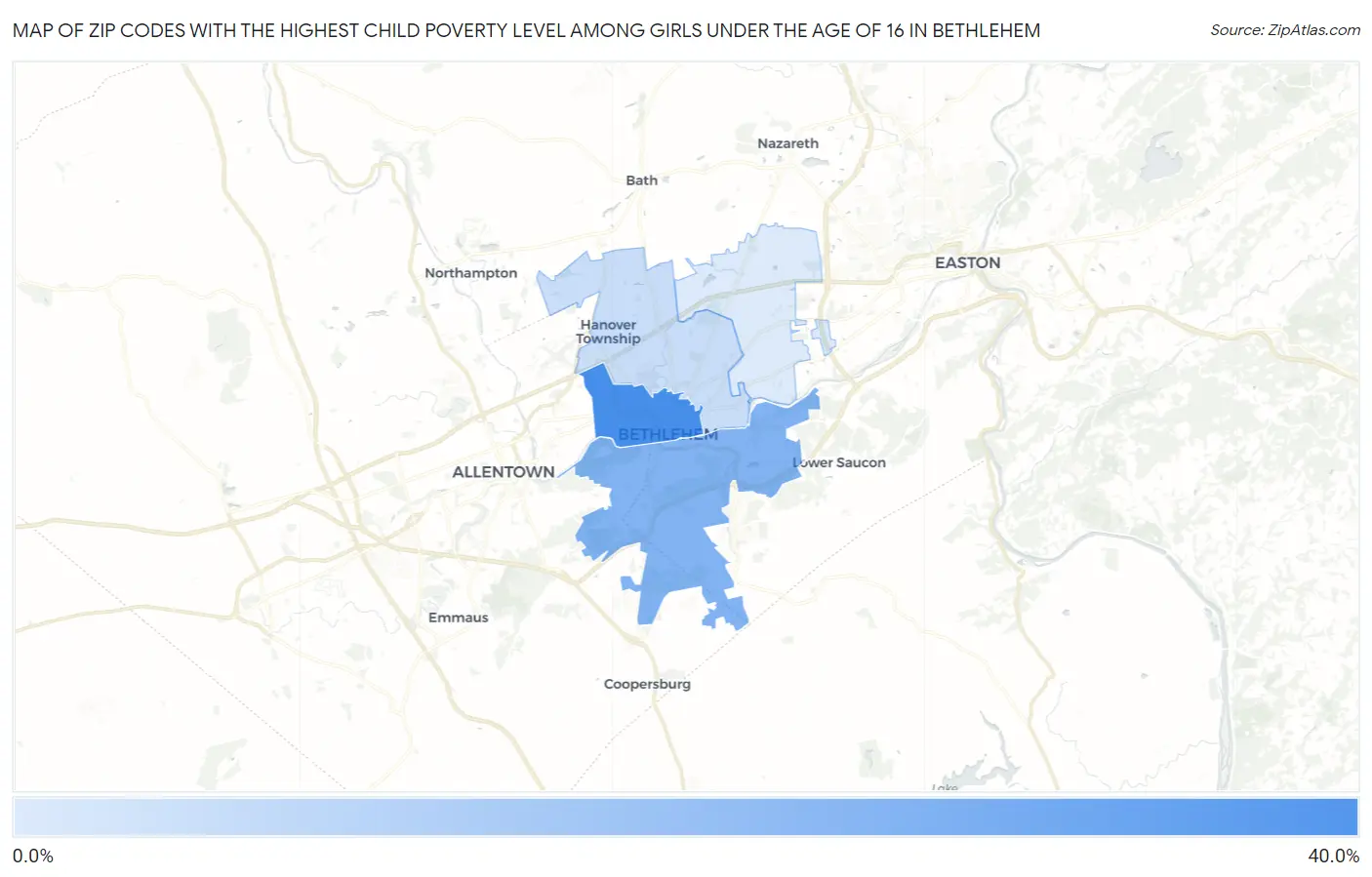 Zip Codes with the Highest Child Poverty Level Among Girls Under the Age of 16 in Bethlehem Map