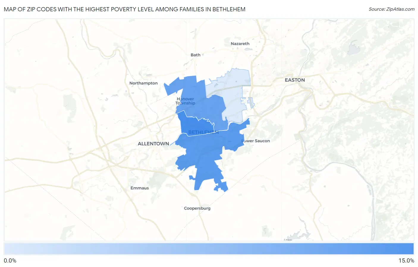 Zip Codes with the Highest Poverty Level Among Families in Bethlehem Map