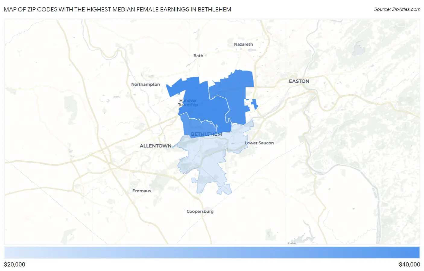 Zip Codes with the Highest Median Female Earnings in Bethlehem Map