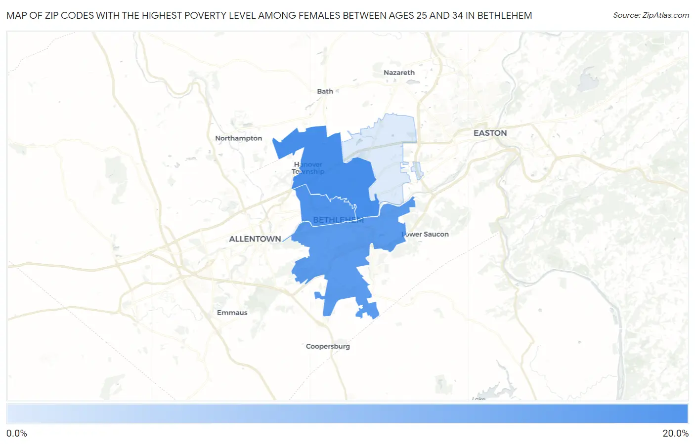 Zip Codes with the Highest Poverty Level Among Females Between Ages 25 and 34 in Bethlehem Map