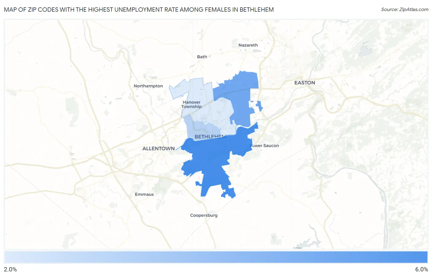 Zip Codes with the Highest Unemployment Rate Among Females in Bethlehem Map