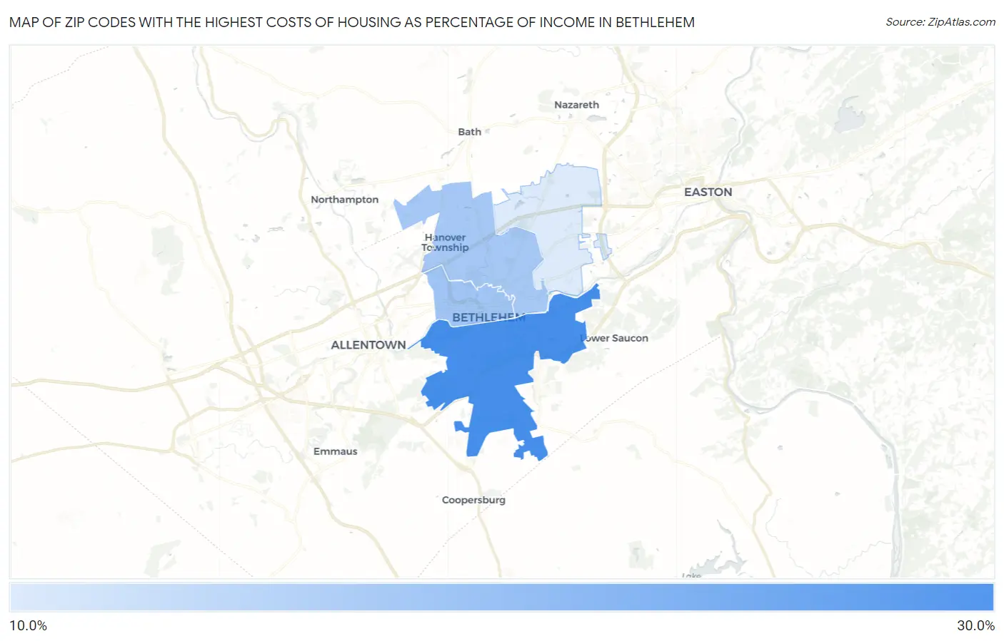 Zip Codes with the Highest Costs of Housing as Percentage of Income in Bethlehem Map