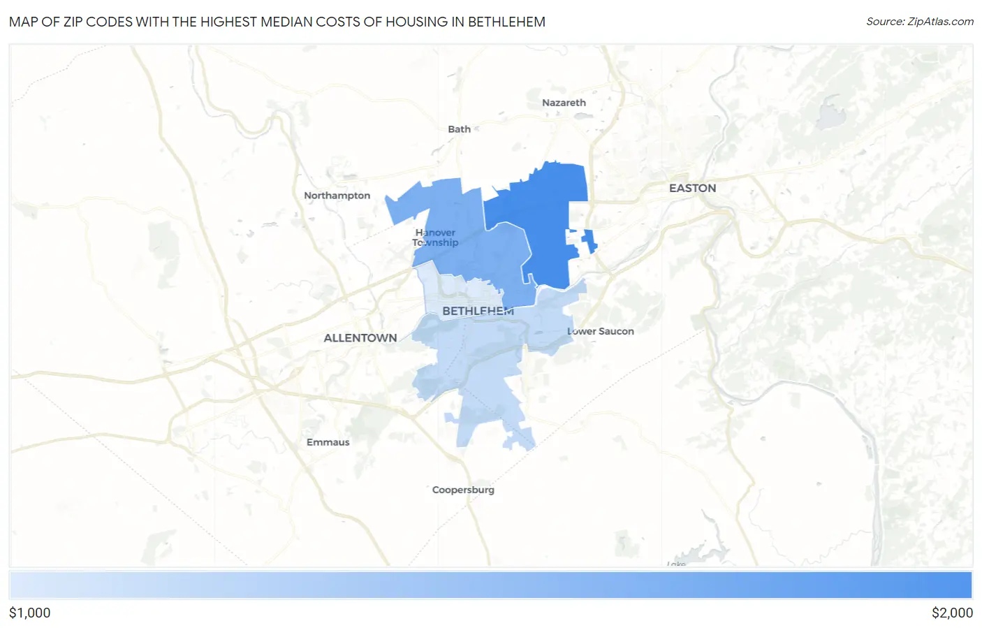 Zip Codes with the Highest Median Costs of Housing in Bethlehem Map