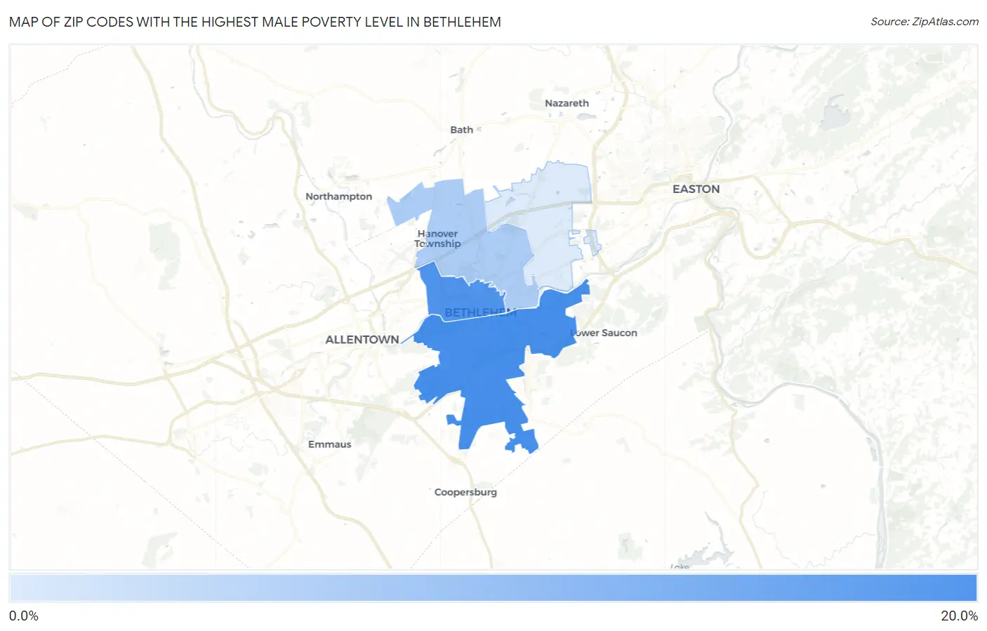 Zip Codes with the Highest Male Poverty Level in Bethlehem Map