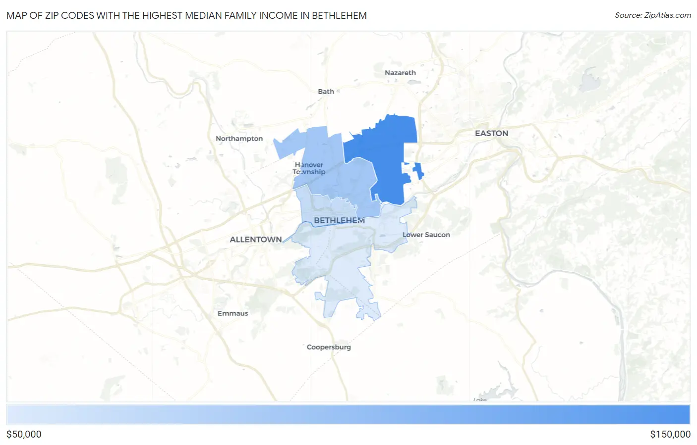 Zip Codes with the Highest Median Family Income in Bethlehem Map