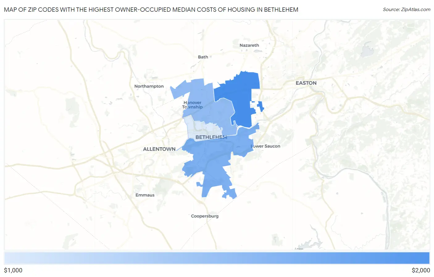 Zip Codes with the Highest Owner-Occupied Median Costs of Housing in Bethlehem Map