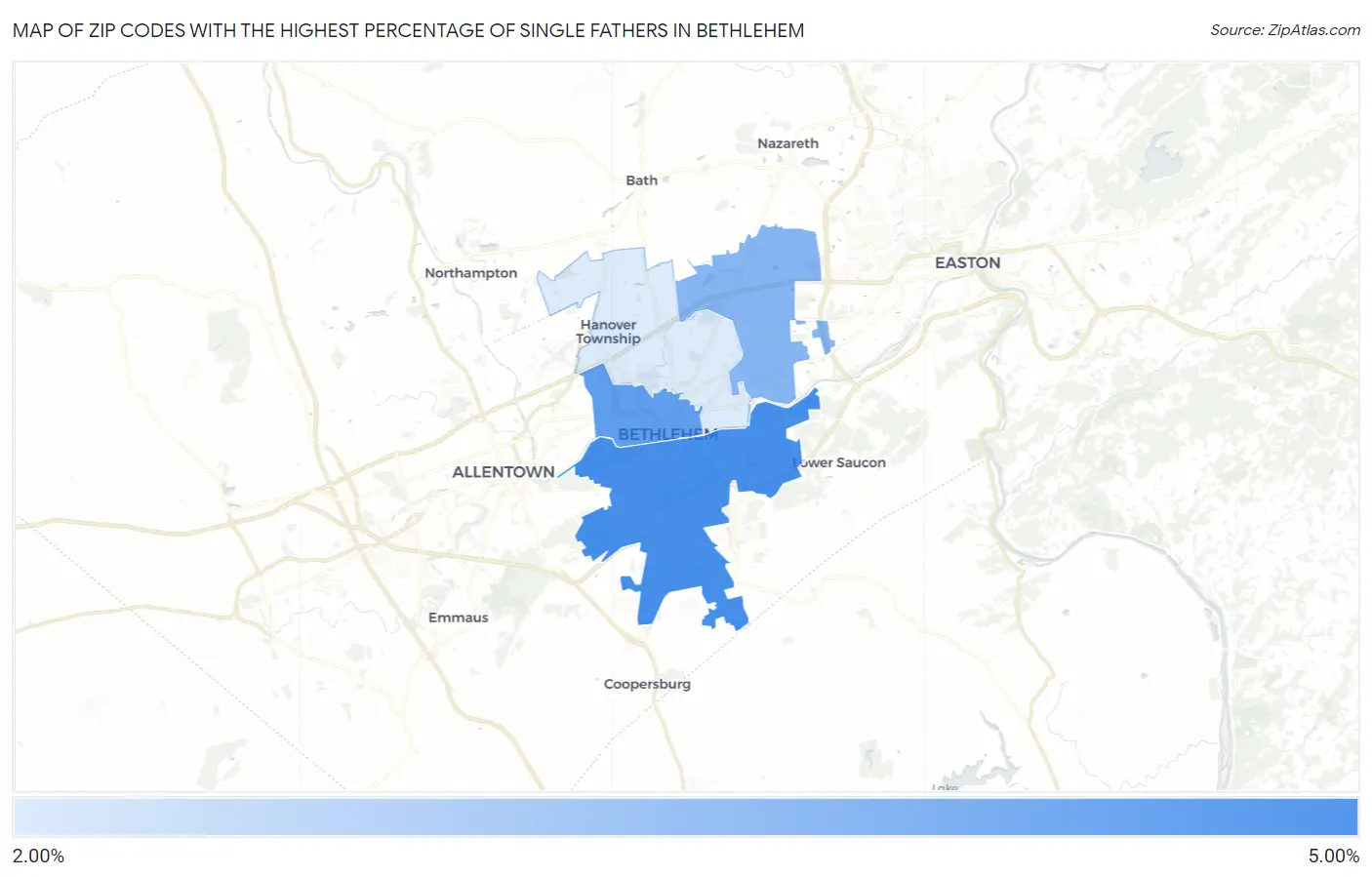 Zip Codes with the Highest Percentage of Single Fathers in Bethlehem Map