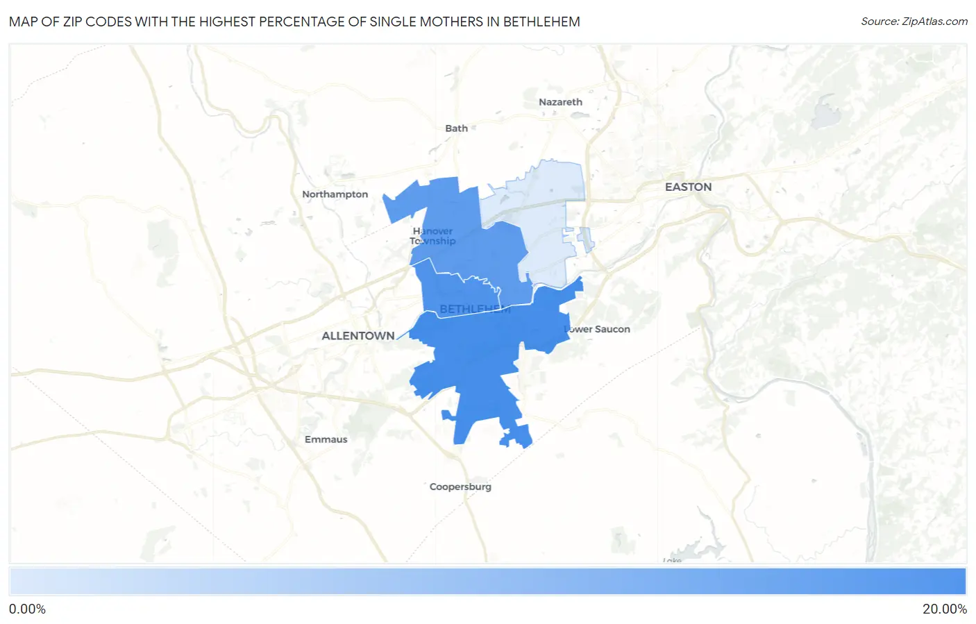 Zip Codes with the Highest Percentage of Single Mothers in Bethlehem Map