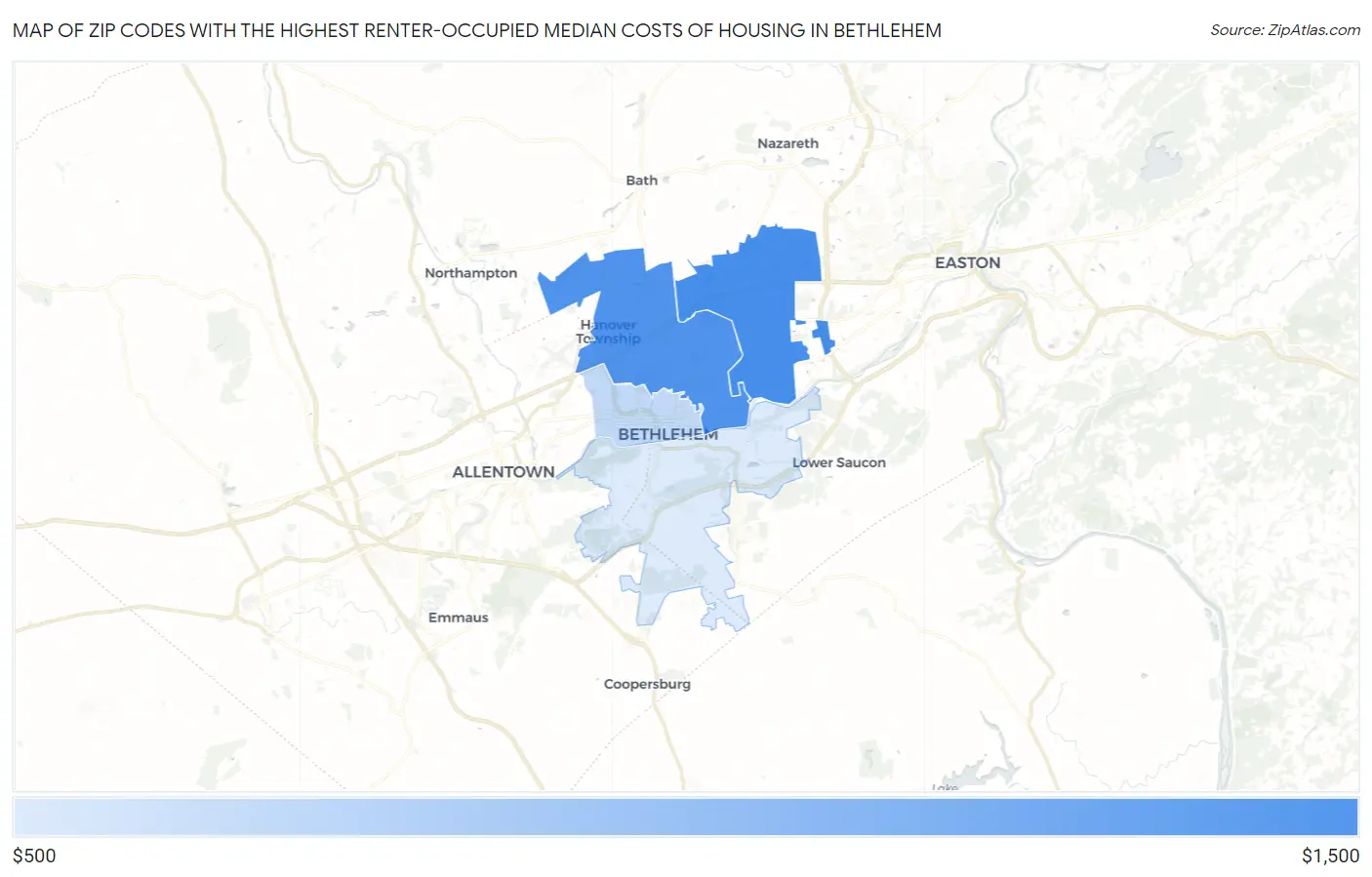 Zip Codes with the Highest Renter-Occupied Median Costs of Housing in Bethlehem Map