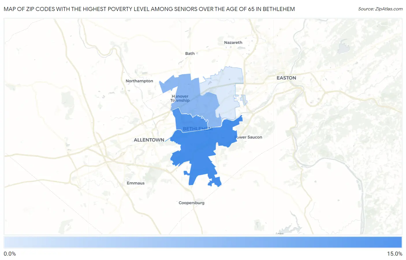 Zip Codes with the Highest Poverty Level Among Seniors Over the Age of 65 in Bethlehem Map
