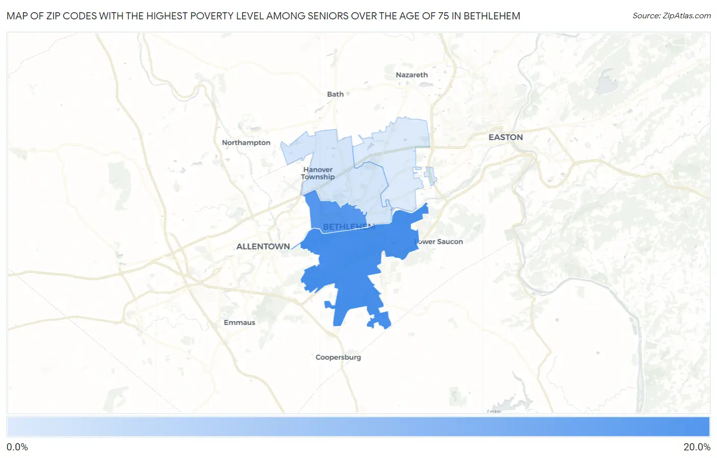 Zip Codes with the Highest Poverty Level Among Seniors Over the Age of 75 in Bethlehem Map
