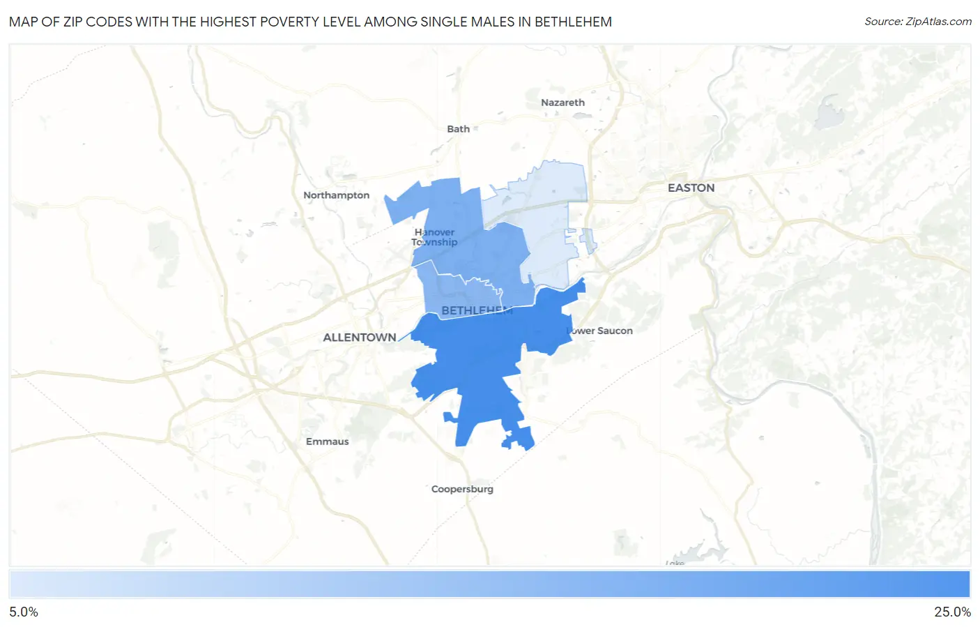 Zip Codes with the Highest Poverty Level Among Single Males in Bethlehem Map