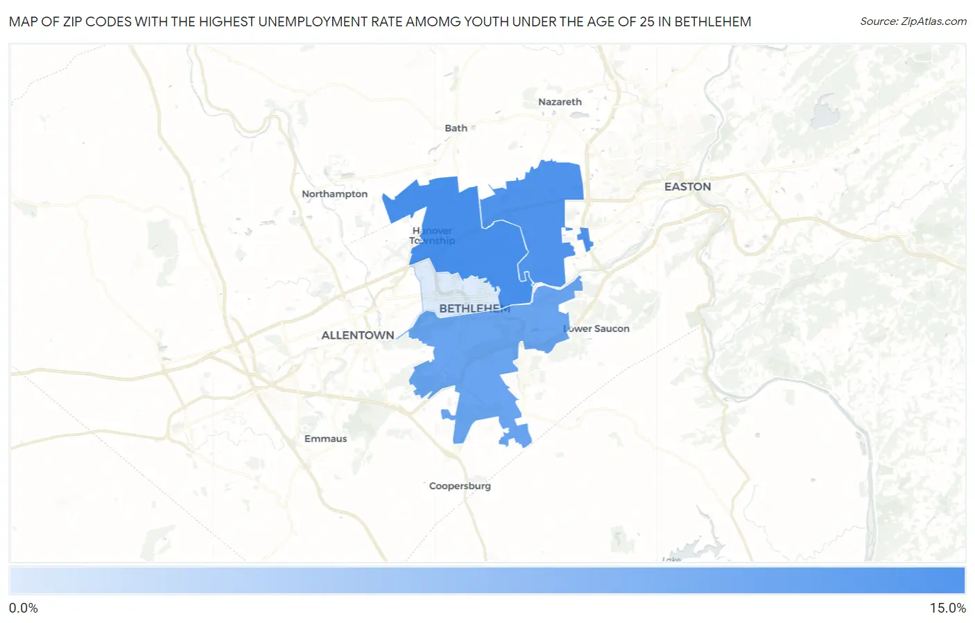 Zip Codes with the Highest Unemployment Rate Amomg Youth Under the Age of 25 in Bethlehem Map