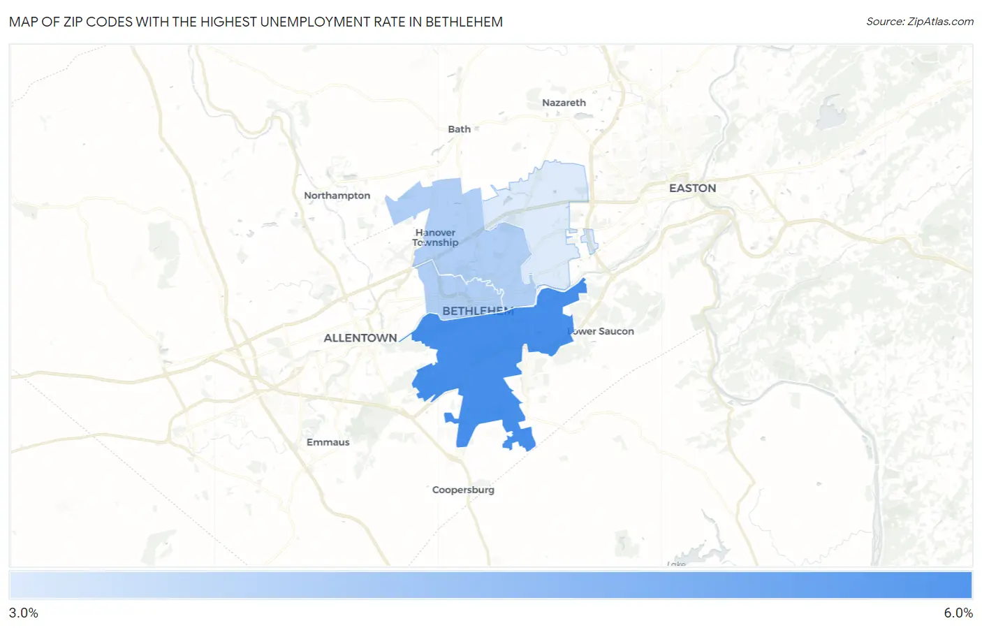Zip Codes with the Highest Unemployment Rate in Bethlehem Map