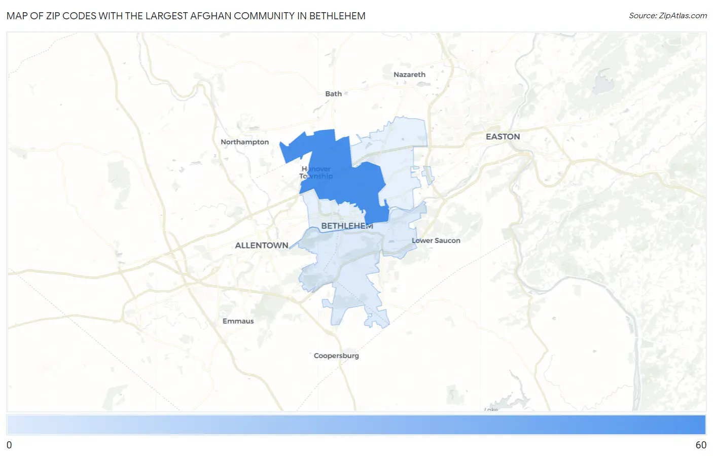 Zip Codes with the Largest Afghan Community in Bethlehem Map