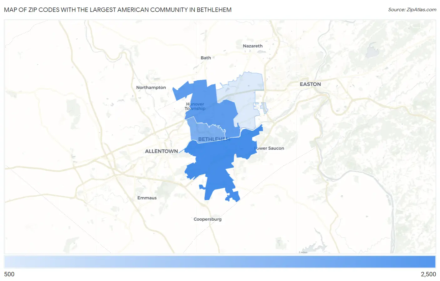 Zip Codes with the Largest American Community in Bethlehem Map