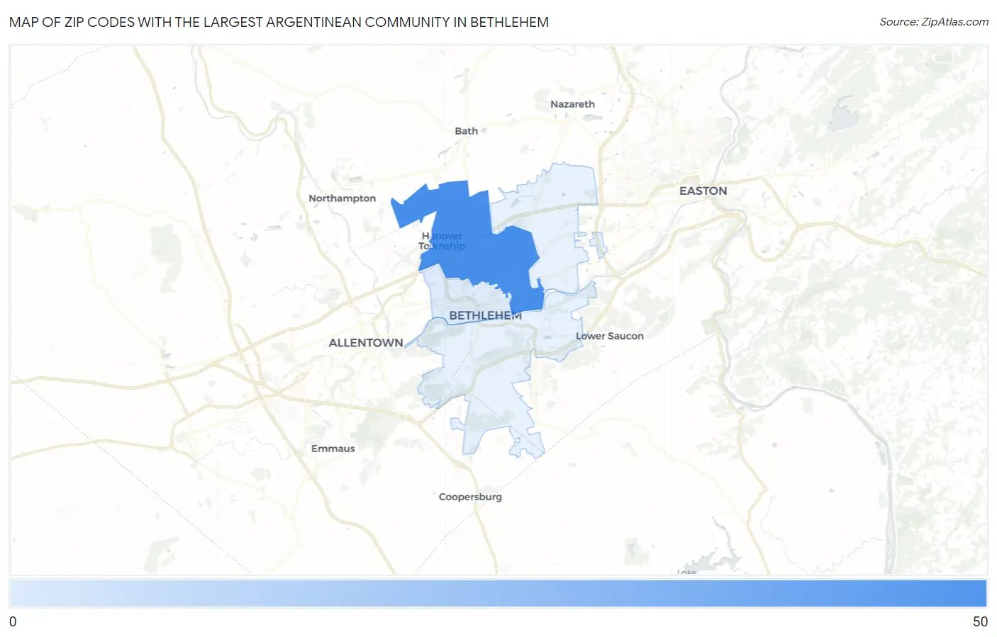 Zip Codes with the Largest Argentinean Community in Bethlehem Map