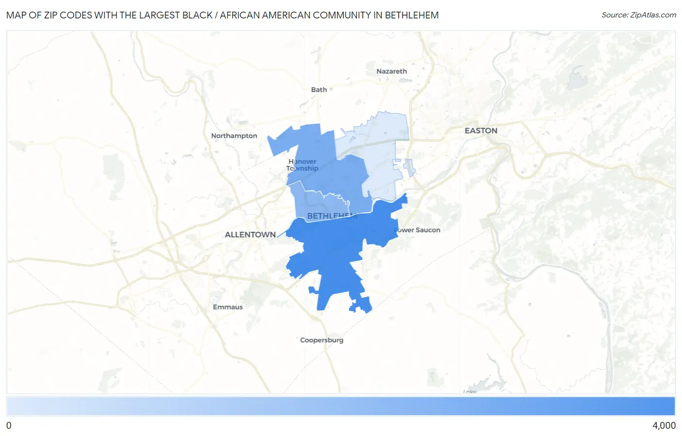 Zip Codes with the Largest Black / African American Community in Bethlehem Map