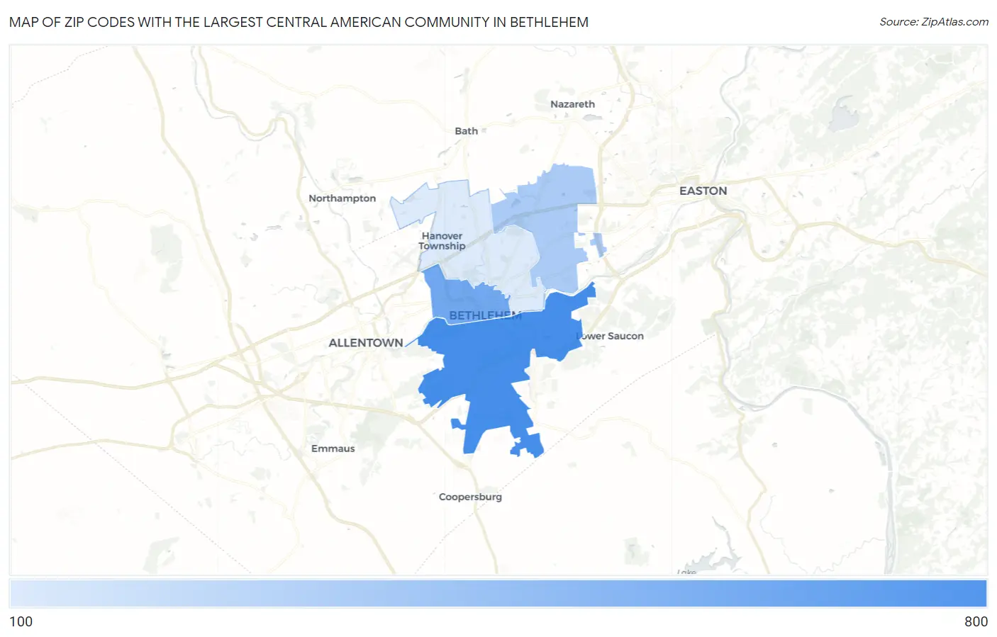 Zip Codes with the Largest Central American Community in Bethlehem Map