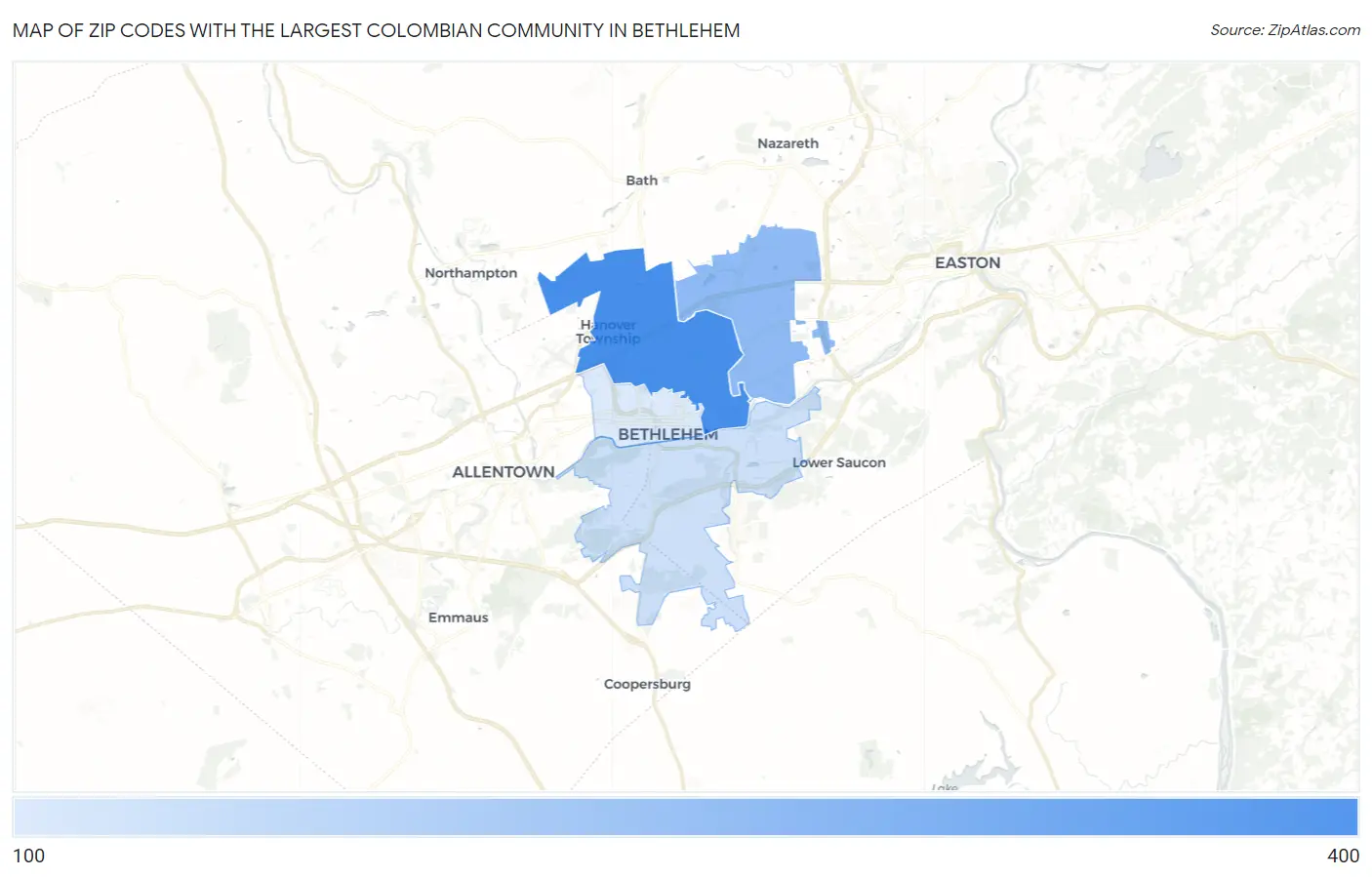 Zip Codes with the Largest Colombian Community in Bethlehem Map