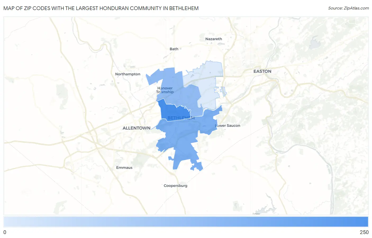 Zip Codes with the Largest Honduran Community in Bethlehem Map