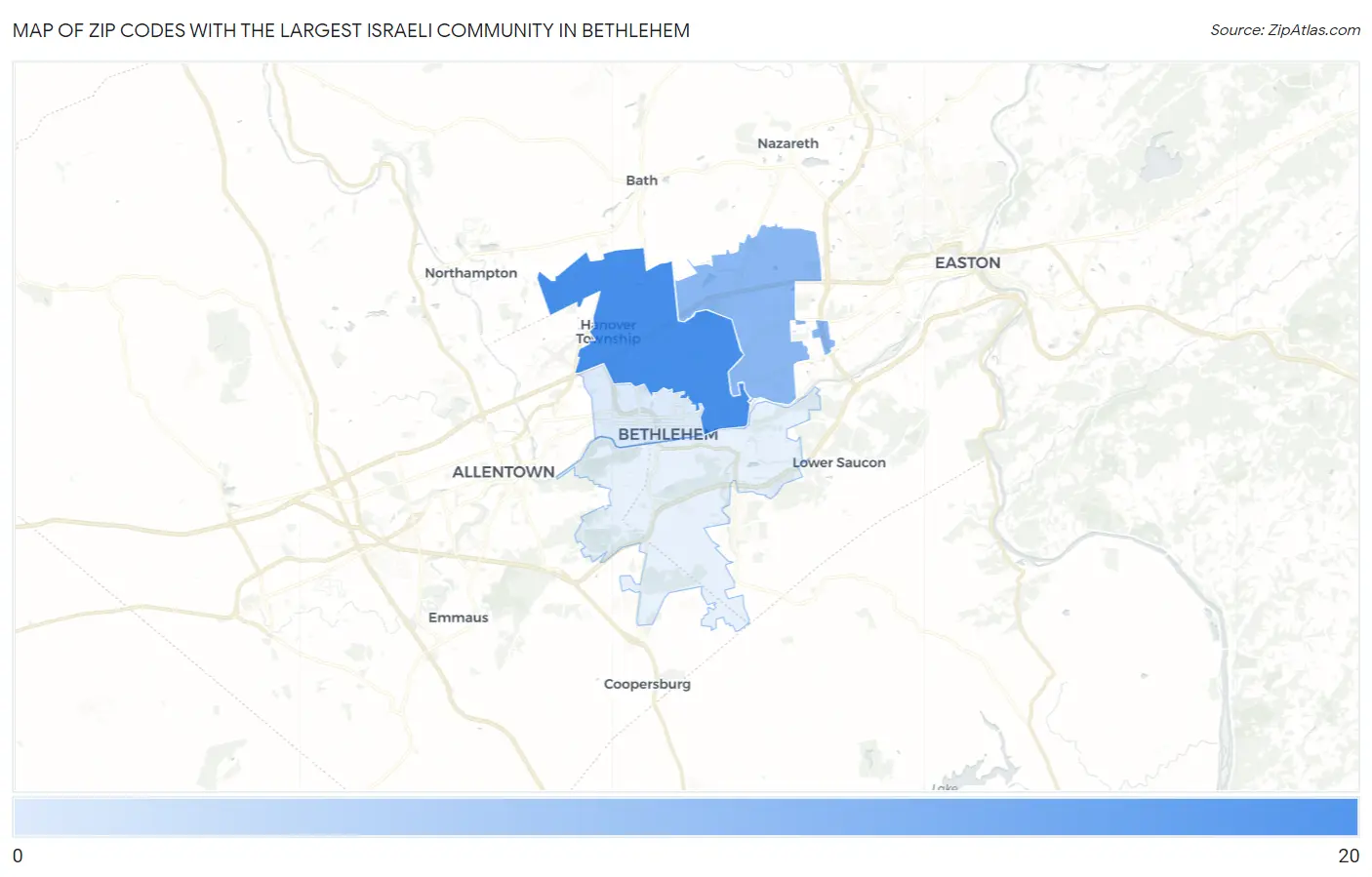 Zip Codes with the Largest Israeli Community in Bethlehem Map