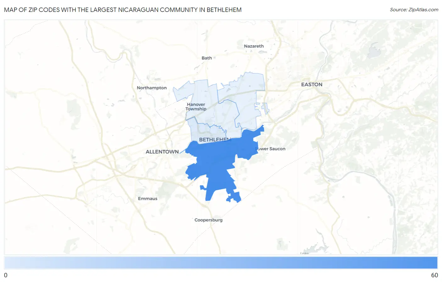 Zip Codes with the Largest Nicaraguan Community in Bethlehem Map