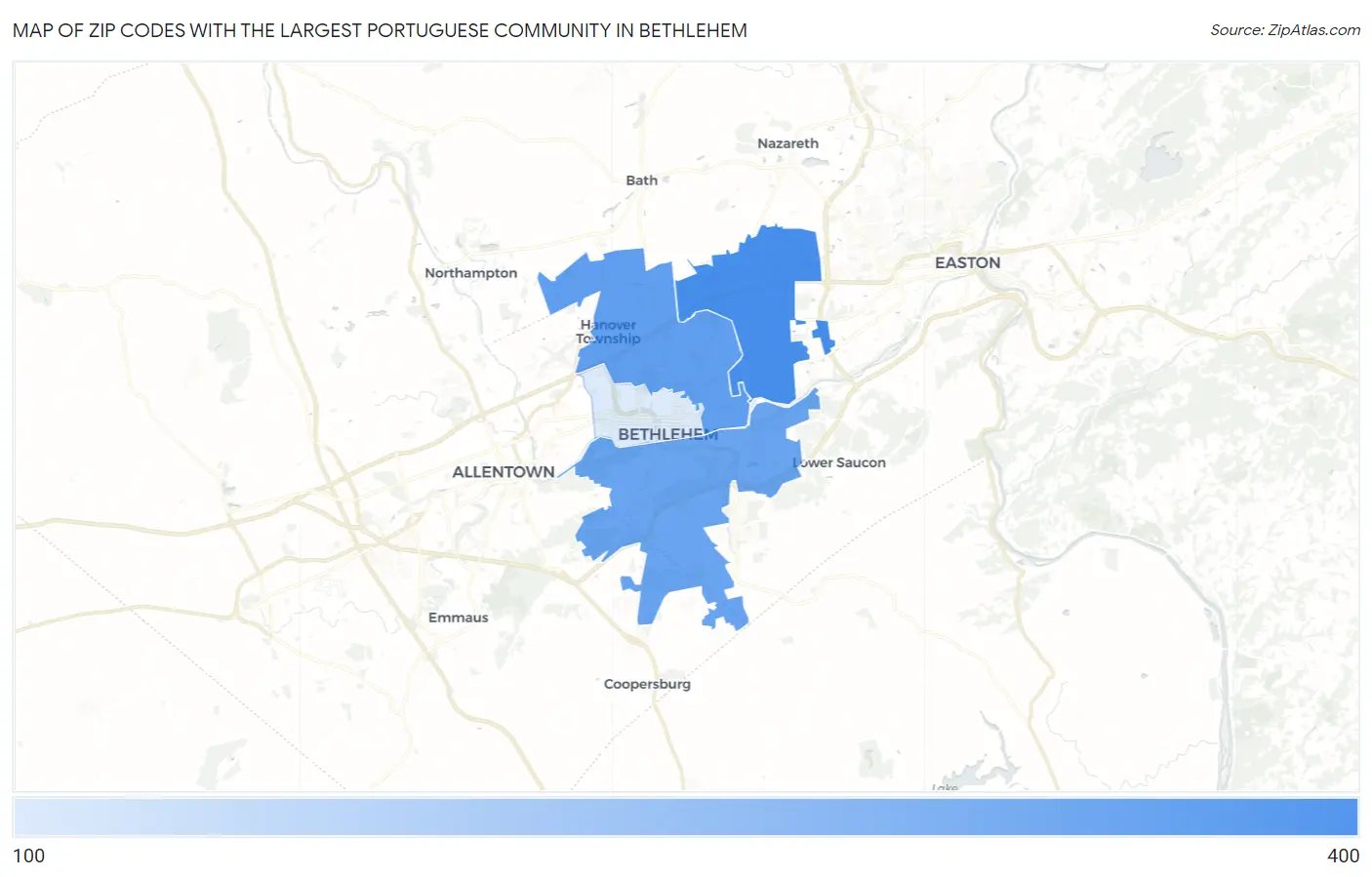 Zip Codes with the Largest Portuguese Community in Bethlehem Map
